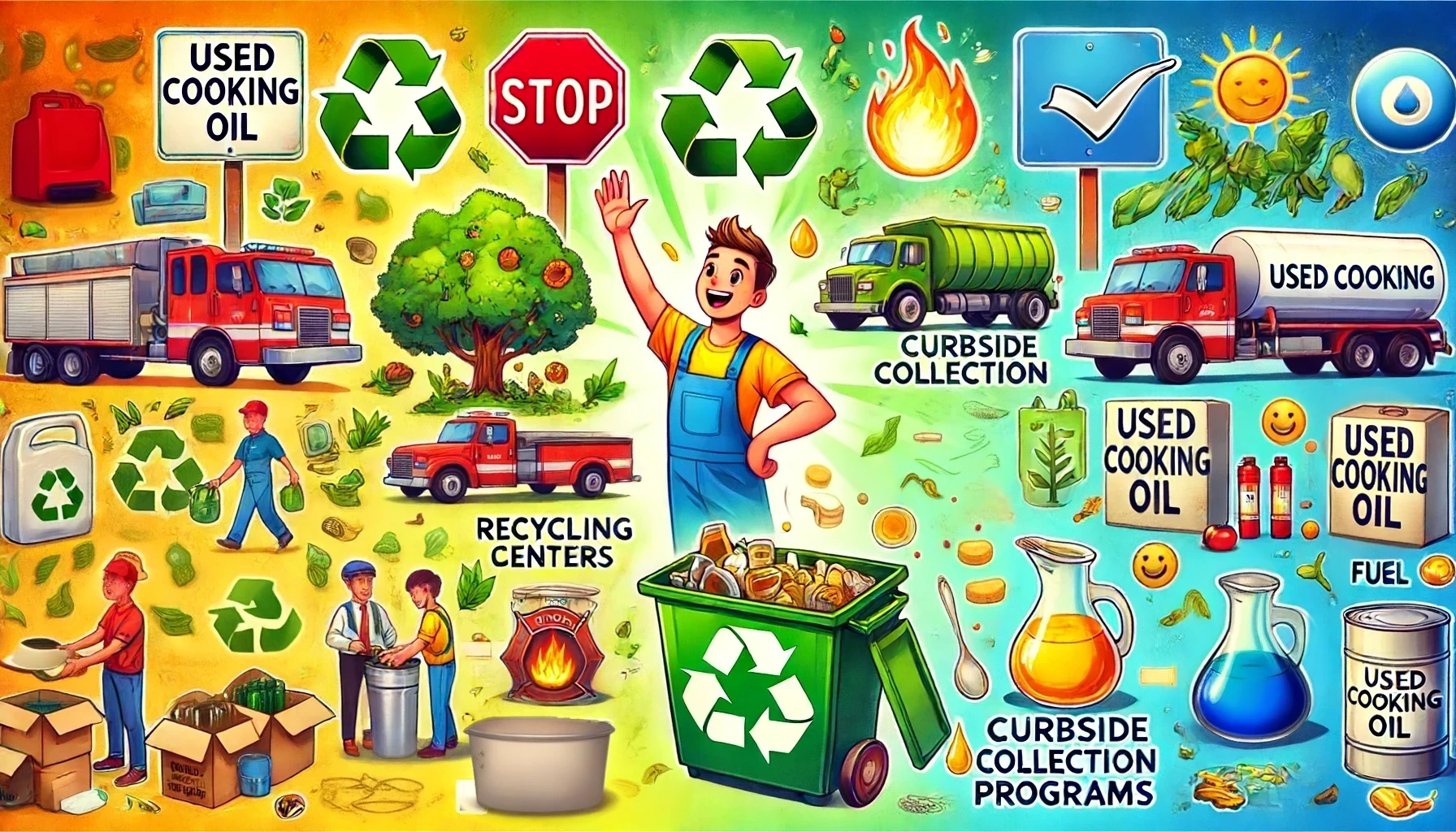 A vibrant and informative image promoting the recycling of used cooking oil, showing various locations such as recycling centers, curbside collection, and illustrating the process and benefits of recycling used cooking oil into new products like fuel.