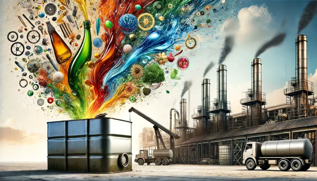 A clean and streamlined industrial setting where colorful art emerges from an oil tank, symbolizing the creative transformation of reused cooking oil.
